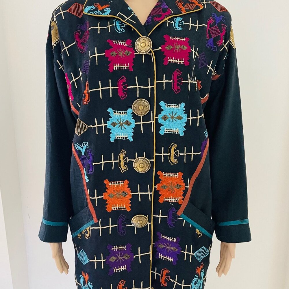 Lili Butler Embroidered Coat Women's Size 1? 100% Silk Mid Length Button Up Boho